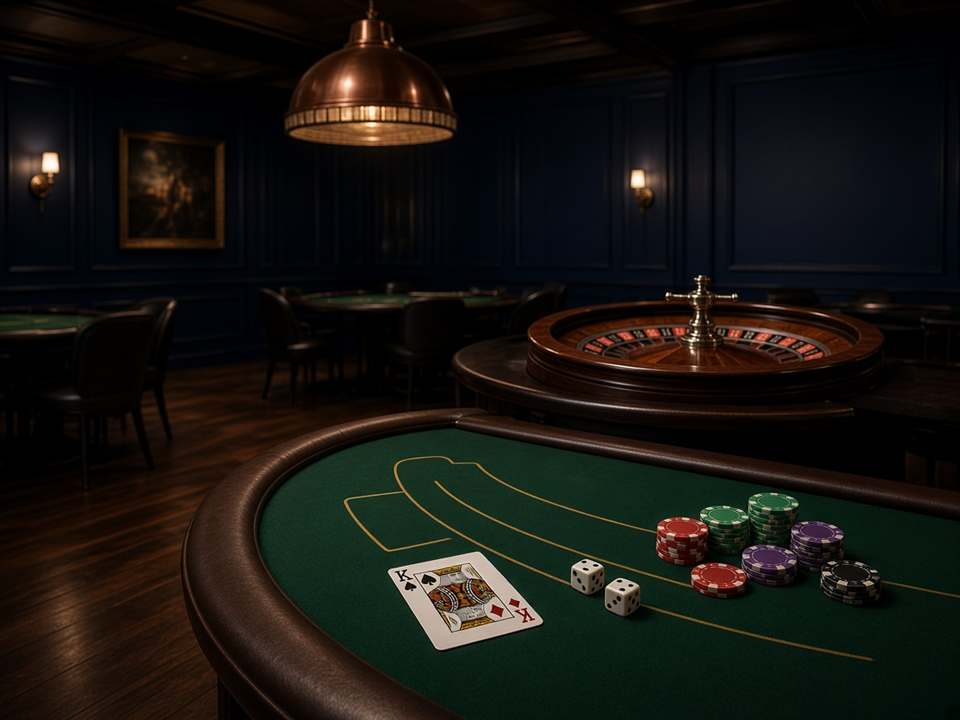 Tapis de blackjack, jetons et roulette dans le salon EatBurstFR