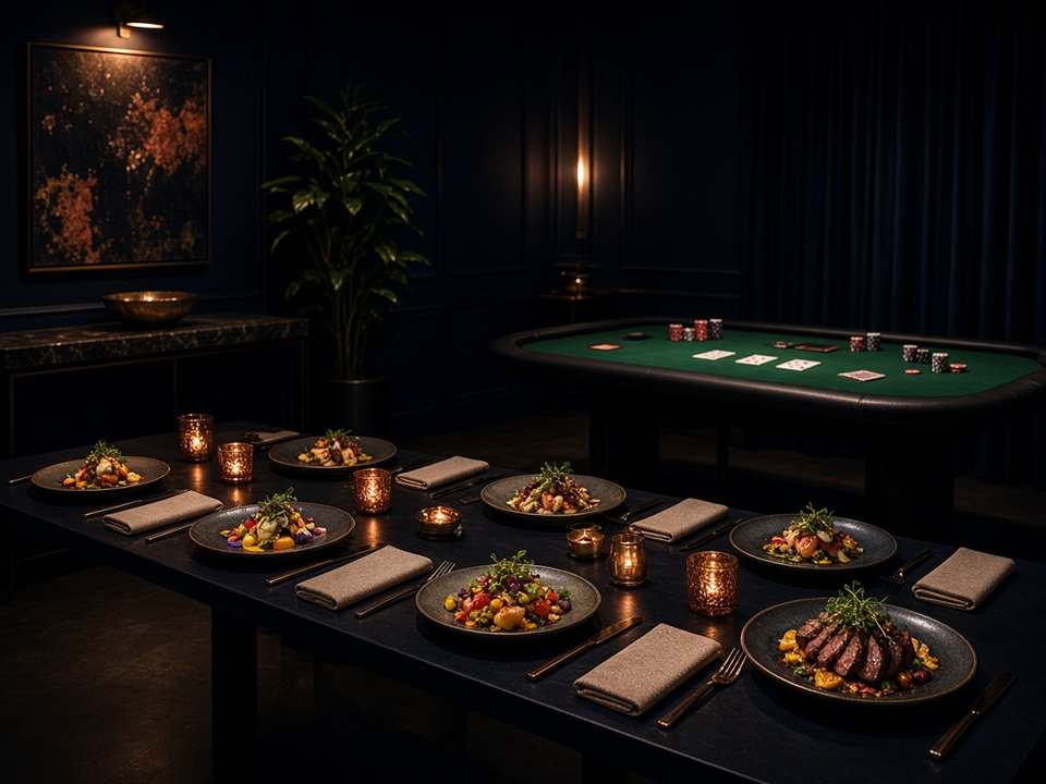 Table dressée pour une soirée, avec un tapis de jeu en arrière-plan