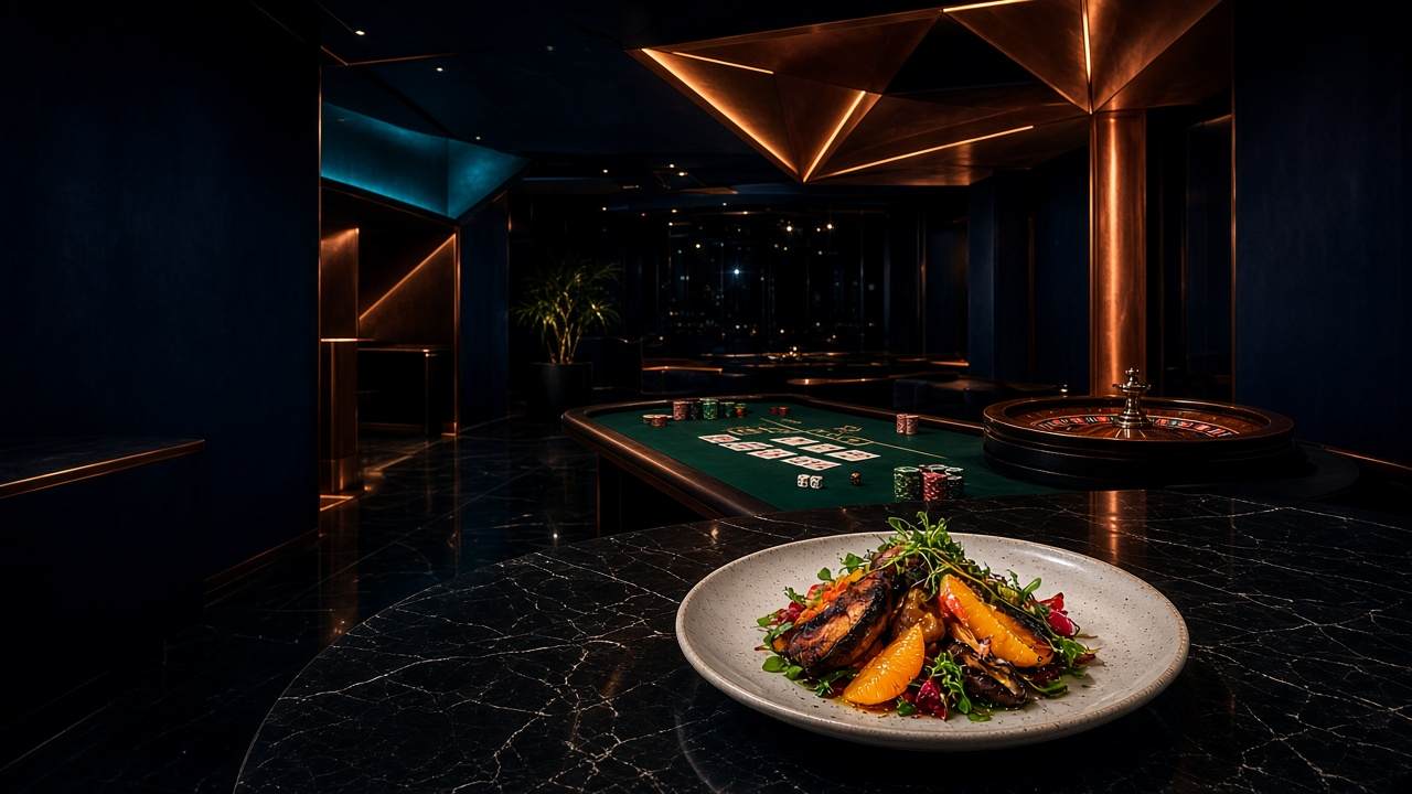 Salle EatBurstFR : assiette d'agrumes rôtis au premier plan, table de blackjack et roulette dans un salon bleu nuit