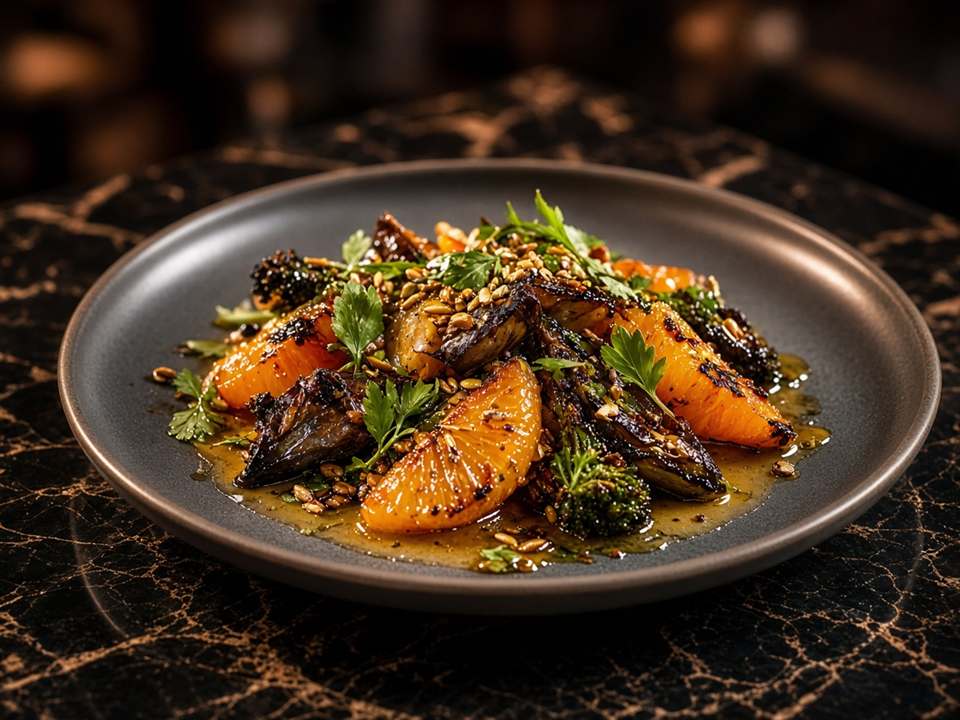 Assiette d'agrumes rôtis, légumes grillés et herbes